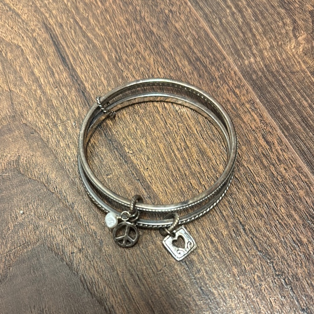 Brighton Heart & Peace Charms Double Bangle Bracelet Silver Plate